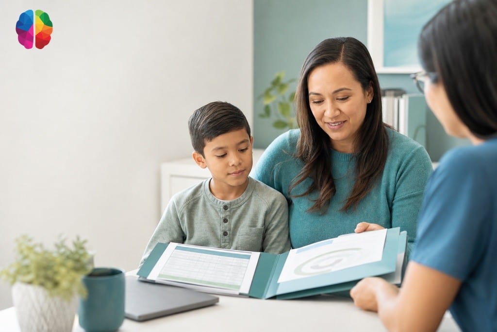 Parent and child reviewing school records with a clinician for psychoeducational assessment and placement decisions